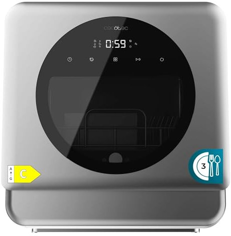 Cecotec Lavavajillas Compacto Libre Instalación Sobremesa Bolero Aguazero 1150 Dark. 3 Cubiertos, Bajo Consumo, 6 Programas, Touch Control Panel, Funciones como Long Storage y Delay Start, Dark Inox