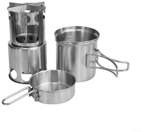 HomeVortex Edelstahl-Camping-Kochgeschirr-Set mit Holzofen, mehrere Größen, Brennholzzylinder, tragbares Outdoor-Kochsystem