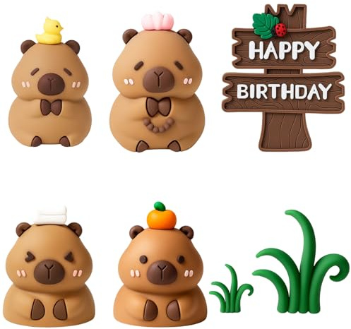 Capybara Cake Topper, 6-Piece Jungle-Themed Birthday Decorations Set with Trees and Grass, Perfect for Animal Parties, Baby Showers, and Educational Activities