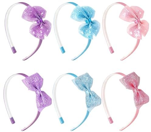 Glitzer Haarreifen mit Schleife Mädchen, 6 Stück Süße Prinzessin Haarbänder, Rutschfeste Kopfbaender mit Zähnen, Haarbänder Kunststoff, Haaraccessoires Bunter für Kinder, Teens