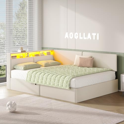 AOGLLATI Canapé lit 140 x 200, Lit Coffre 140 x 200 avec LED et Ports USB, Tête de Lit capitonné avec Étagères Ouvertes, lit 2 Personnes avec Hydraulique, Lattes en Bois, Lin Beige(sans Matelas)