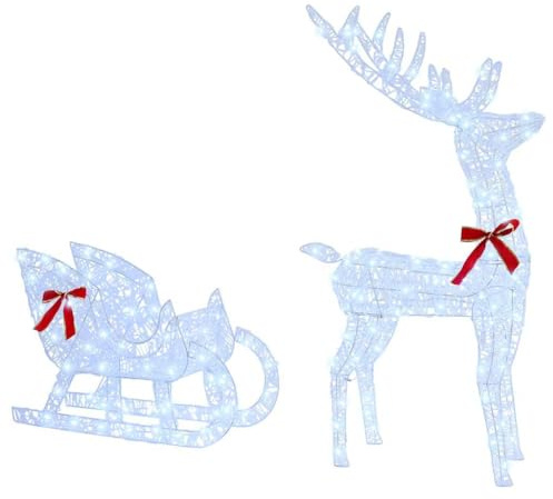 vidaXL Slitta trainata da Renna Bianco Freddo 70 x 26 x 130 cm, Slitta Moderna, Decorazione Resistente con Renna, figurina Natalizia, luci LED USB, Decorazione acrilica Minimalista