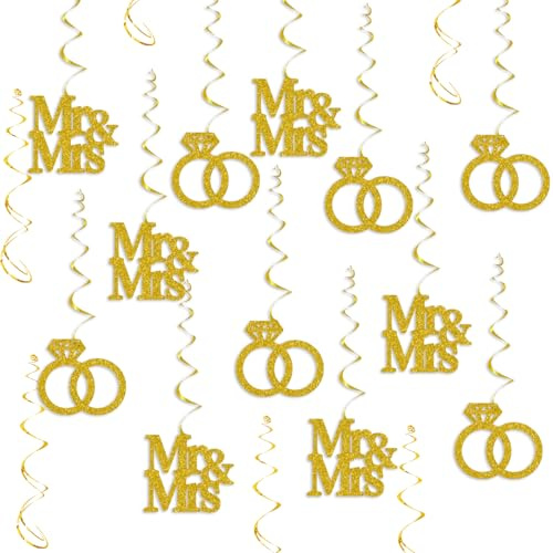Plzaxou Engagement Wedding Party Decorations, Gold Glitter Mr & Mrs Hanging Swirls for Wedding Bridal Shower Engagement Bachelorette Party Decorations Supplies