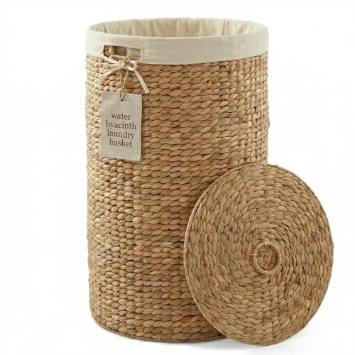 DEILSY™ Natural Round Water Hyacinth Wicker Basket with Lid and Removable Liner, Storage Basket with Lid and Handles, Handwoven Wicker Laundry basket for Bathroom, Bedroom, or Laundry Room