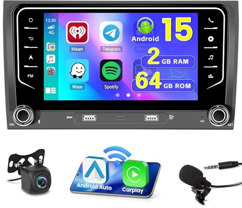 Ohradio 2G+64G Android 15 Radio Coche Audi A4 B6 7 CarPlay BT WiFi | También para Audi S4/RS4, Seat Exeo. Android Auto Inalámbrico. FM/RDS. GPS. Cámara+MIC