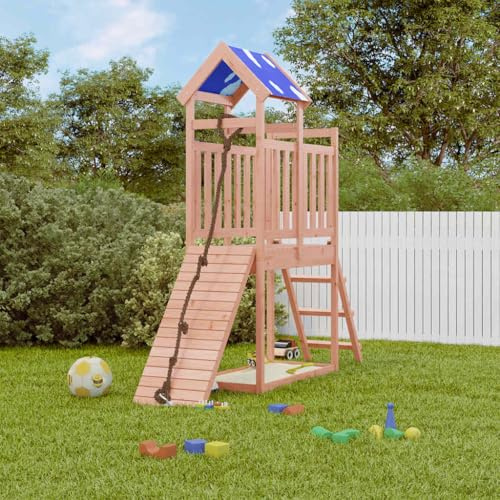 Spielturm Massivholz Douglasie mit Kletterrampe, Leiter, Sandkasten und Wolkendach, wetterfestes Holz Klettergerüst für Garten, Kinderspielgerät Outdoor, 90 cm Plattformhöhe