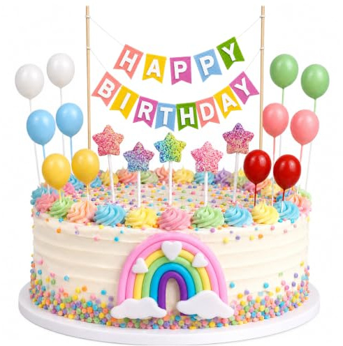 Happy Birthday Tortendeko Girlande,19 Stück Regenbogen Kuchen Topper | Kuchen Deko Geburtstag,Bunt Cake Topper Geburtstag Banner Filz,Bunt Kugeln Stern Regenbogen Happy Birthday