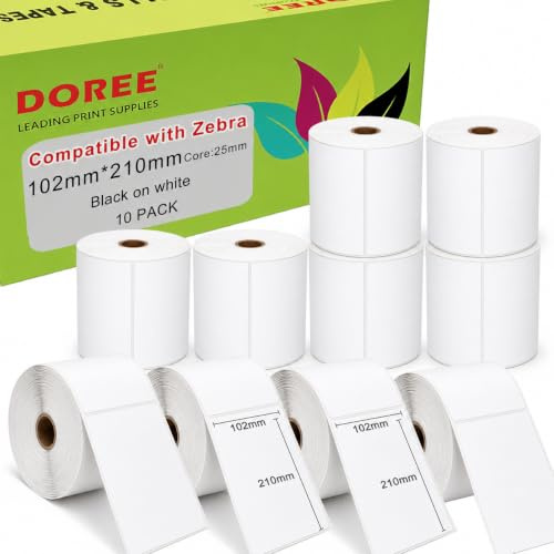 DOREE 10 Rollen Versandetiketten 102x210mm,210 Stück/Rolle,Zebra-kompatibel | Versandetiketten 102mm x 210mm, Druck Schwarz auf Weiß, passend für Zebra GK420D/GX420D/GK420T/GX420T, Kerndurchmesser 25 mm