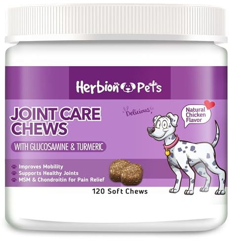 Herbion Pet Joint Care Chews with Glucosamine & Turmeric, 120 Soft Chews – MSM & Chondroitin for Pain Relief – Improves Mobility – Made in USA. – For Dogs 12 Weeks and Above