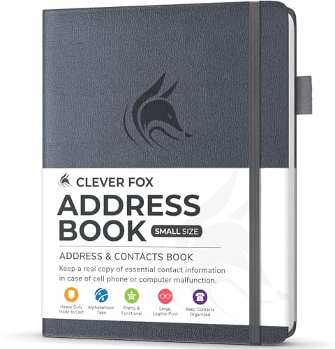 Clever Fox adressbok med alfabetiska flikar – PU-läder telefon och adressbok för att hålla kontakter säkra, kontaktorganiseringsdagbok, liten storlek (10,5 x 14 cm), inbunden, silver svart