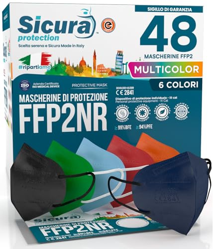 48 Mascherine FFP2 Certificate CE Colorate Made in Italy SICURA Protection BFE ≥99% Mix di 6 Colori Mascherina FFP2 EFFETTO PULITO Blu, Arancioni, Rosse, Nere, Azzurre e Verdi