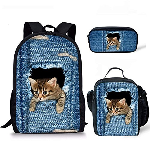 Binienty 3-in-1-Rucksack mit Lunchtasche und Federmäppchen für Kinder, Jungen, Mädchen, Schulschulranzen, Denim Pocket Cat, Einheitsgröße,