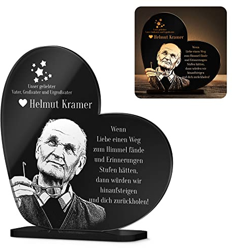 CHRISCK design Gedenkstandbild Gedenktafel mit Gravur Fotogravur Grabstein Mensch Herz stehend in 2 Größen Grabschmuck graviert für Haustiere wie Hund Katze & Co. Grabplatte im Kerzenschein Leuchtend