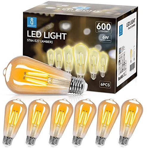 Aigostar Ampoules Edison Vintage E27 6W,600 Lumens,Blanc Chaud 2200K,Lampe Décorative ST64,Idéal pour la Maison, Bars, Café, Restaurant,Non Dimmable,Lot de 6