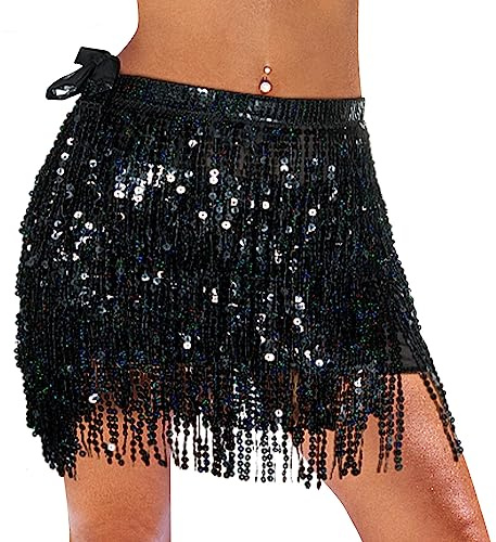 Gonna di Paillettes per Le Donne Gonna di Danza del Ventre Carina con Nappe Gonna di Glitter per Donne e Ragazze Festival Dance Performance (Nero)