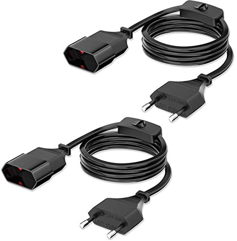 2M Euro Netzkabel Stromkabel mit Schalter, [2 Stück]Netzkabel mit Flachem Eurostecker Anschlusskabel, Verlängerungskabel für Typ-C-Eurostecker auf Typ-C Eurobuchse, 0,75mm² für TV PC Computer Monitor