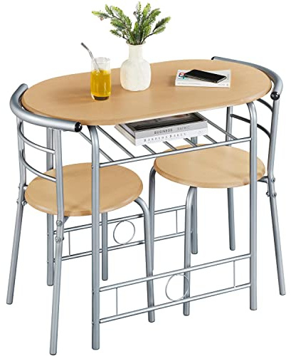 Yaheetech 3 Piece Dining Room Set, Modern Round Dining Table & Chairs Set for 2, Compact Breakfast Bar Table Set with Metal Legs and Shelf, Built-in Wine Rack for Dining Room, Living Room, Natural