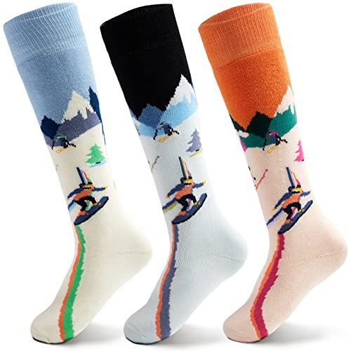 Aisyee Chaussettes de ski pour enfants, chaussettes d'hiver pour garçons, chaussettes chaudes, chaussettes épaisses en coton, longues chaussettes thermiques pour garçons, lot de 3 paires, 10-13 ans