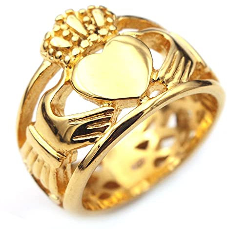 Whoiy Männer Ring 52, Ringe für Herren Gold Edelstahl Claddagh Ring Krone und Herz 15mm für Ihn Freund