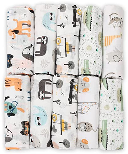 FENSILO Muslindukar – Muslinblöjor – 10-pack 70 x 80 cm – tygblöjor, tillverkad i EU, testad för skadliga ämnen – dregellappar, baby, pojke, flicka, vit, med hund och krokodil
