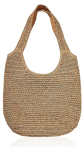 GVSAVY 1 Ladies Straw Bag, Summer Beach Bag, Handwoven Tote Bag, Retro Shoulder Bag, Large Capacity Shopping Bag, Good for work, beach trip, vacation (khaki)