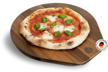 Planche à pizza en bois d'acacia BURNHARD® Polyvalente, poignée ergonomique, surface de service 33,5 cm, facile à entretenir, idéale pour pizza, tarte flambée, pain – Planche en bois authentique