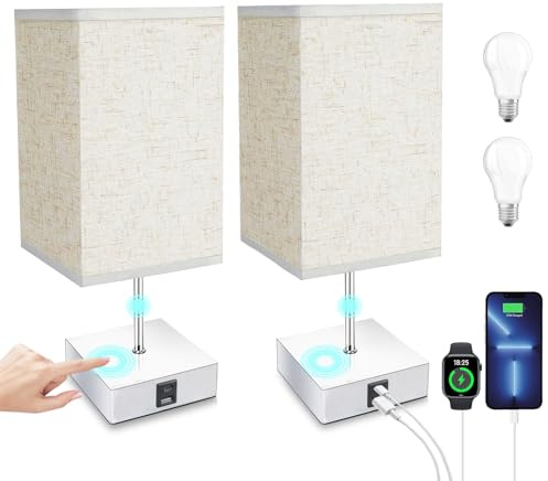 Aurorast Lot de 2 lampes de chevet à commande tactile, lampes de table à intensité réglable à 3 niveaux avec ports de charge USB A+C pour la chambre à coucher, le salon et le bureau