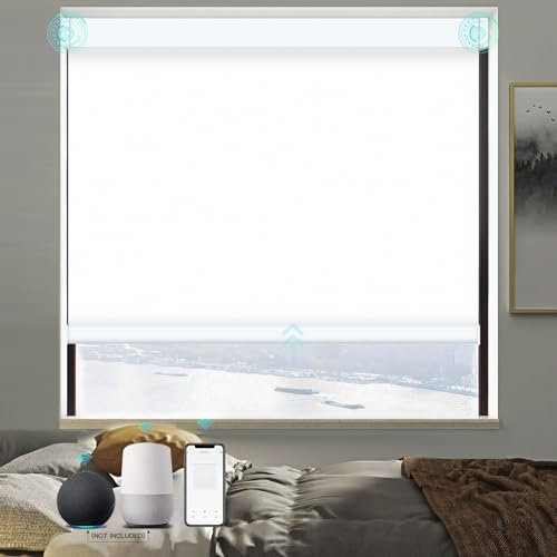 MING CHEN Motorized Roller Shades with Remote and Valance Cover, Rechargeable Smart Motorized Blinds, Automatic Electric Blinds Compatible with Alexa Google (White with Solar Panel, 43 W x 72 H)