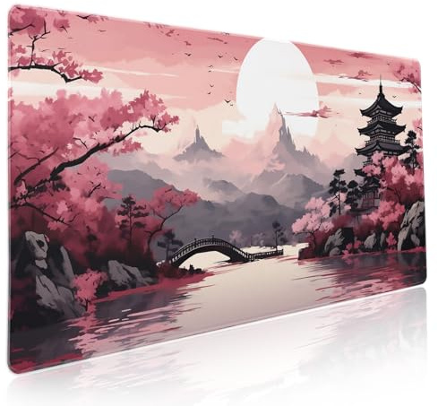Sakura, japansk rosa spelmusmatta, XXL-storlek, körsbärsblommor, bergslandskap, stor utökad skrivbordsmatta, halkfri gummibas, sydda kanter, för spelare