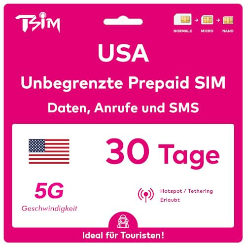 Carte SIM USA 30 Jours. Réseau T-Mobile avec données illimitées à Haute Vitesse en 5G/4G/LTE | Appels et SMS locaux illimités aux USA (Hawaï Inclus). Carte SIM 5G !