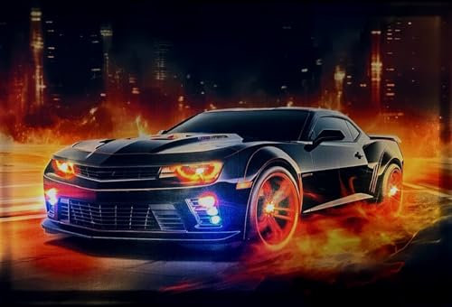 Samarkand - Lights LED-Bild mit Beleuchtung LED- Bilder Leinwandbild 65 x 45 cm Leuchtbild MUSCLE CAR AUTO/BLACK