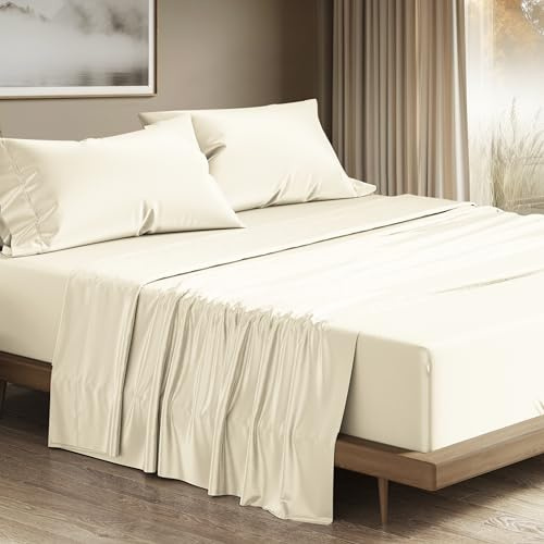 THREAD SPREAD 100% Egyptian Cotton King Size Sheets Set - Luxury 1200 Thread Count Egyptian Cotton Sheets King Size, 17 Deep Pocket, Silky Soft, Cooling Sateen Weave Hotel Quality Bedding Set - Ivory