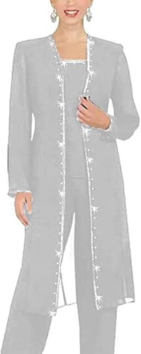 Leader of the Beauty 3 Piece Chiffon Beaded Pant Suits Mother of The Bride Pant Suits with Long Jacket for Women Formal