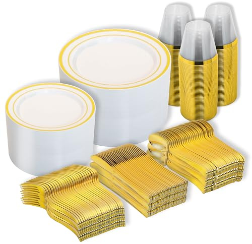 N9R 600PCS Disposable Plastic Plates, Gold Plastic Dinnerware Set Includes 100 Dinner Plates, Dessert Plate, Cups, Spoons, Forks, Knives for 100 Guests, Perfect for Party, Wedding, Birthday