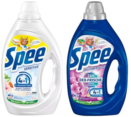 SPEE Gel-Set 2x 22 Waschladungen (44WL) 1x Deo-Frische Frische-Kick, Flüssigwaschmittel & 1x Sensitive, Waschmittel mit 4 + 1 Formel, Waschmittel für Temperaturen von 20° - 95° C