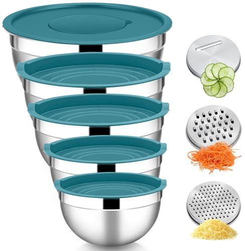 HaWare Rührschüssel 5er Set, Edelstahl Schüssel Salatschüssel Set mit Luftdichtem Deckel & 3 Reibenaufsätzen zum Kochen Backen, 4,6L/2,8L/1,6L/1,2L/0,7L, Stapelbar & Spülmaschinenfest, Blau