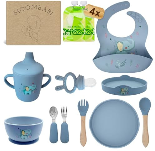 MOOMBABI Coffret repas Bebe, Assiette bebe ventouse antiderapante,diversification alimentaire, set repas bébé, bol Cuillere Bebe, bavoir silicone, couverts bébé, 4 Gourde Reutilisables, lot de 13