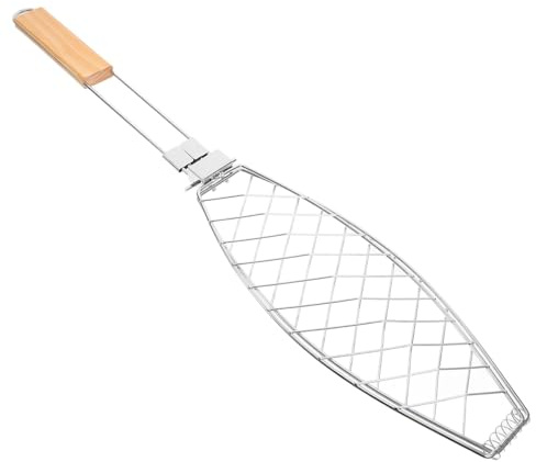 HOLIDYOYO Grillkorb aus Edelstahl mit Klappbarem Holzgriff Leichter Fischhalter für Camping und Barbecue Multifunktionales Grillzubehör und Praktisches Grillnetz
