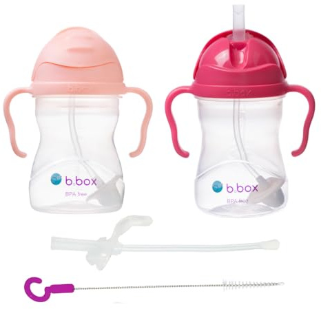 b.box Tasse à paille | Lot de 2 avec paille de rechange et brosse | Bébé 6m+ | Sans BPA | Anti-fuite | Compatible lave-vaisselle | 240ml | Lot de 2 | Rose/Rouge