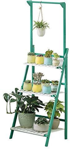 Bamboo 3 Tier Plant Display Rack with Hanging Planter Shelf Foldable Flower Stand for Home Garden Patio Balcony 56 Height Plant Hanger Green