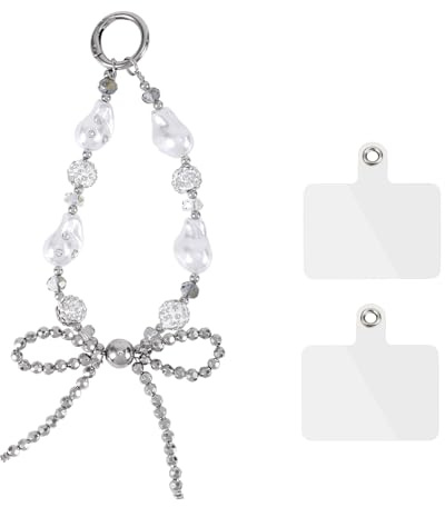 Beaded Phone Wrist Strap, White Cute Bow Knot Beaded Phone Charm Aesthetic Phone Chain Wristlet Anti-Lost Mobile Phone Lanyard with 2pcs Tether Tabs for Phone Bag Purse Keychain