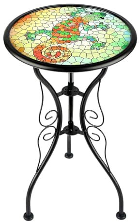 ZLSNOBLE Mesa auxiliar de mosaico para exteriores, mesa pequeña de 12 pulgadas, mesa auxiliar redonda para patio, soporte para plantas de vidrio, soporte para macetas de jardín al aire libre, mesa
