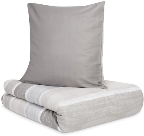 s.Oliver Bettwäsche 135x200 cm - 100% Baumwolle, Reißverschluss, anschmiegsam, weich & waschbar, Mako Satinbettwäsche beige grau Blockstreifen