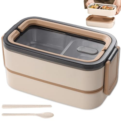 Fiambrera Bento Box de 2 niveles con compartimentos, gran volumen a prueba de fugas, acero inoxidable, hermética con juego de cubiertos, sin BPA, caja de desayuno
