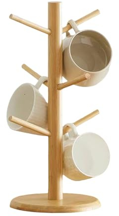 Mug Tree 6 Mugs, Espresso Cups Tree, Wooden Mug Holder for Kitchen, Storage Organizer Kitchen Storage Rack, Weighted Base Cup Stand with Detachable Branches, Space Saving Mug Rack for Coffee Tea Mugs