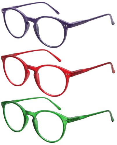 EyeOrion 3 paires de lunettes de lecture classiques pour hommes et femmes,Multicolore à monture ronde et mate et à charnière à ressort