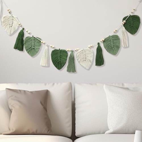 Hoypeyfiy Boho Dekorative Makramee Wandbehang, gewebte Blätter Wandteppich mit Fransen Girlande, Boho Dekoration für Schlafzimmer Wohnzimmer Kinderzimmer (Grün)