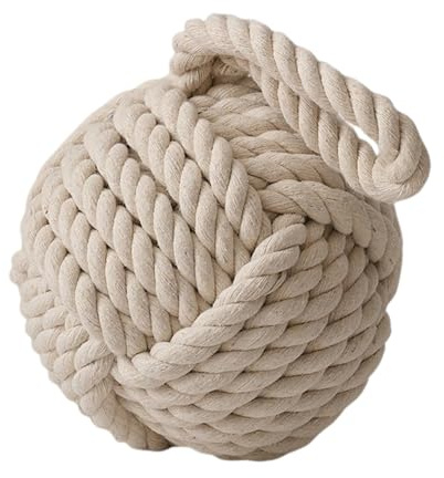 White Rope Door Stop 15 x 15 x 25 cm - Spherical Shape, Decorative Nautical Design, Sturdy Door Stopper for Indoor and Outdoor with Handle