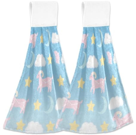 Cute Animal Goat Cloud Sky Blue kitchen hand towels with hanging loops child washcloths 2 Pcs toalla de manos