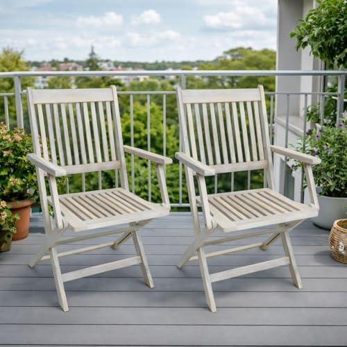 ESTEXO Gartenstühle Holzstühle Klappstühle 2er Set Akazienholz Stuhlset mit Armlehne Balkonstühle Terrasse Holz Akazie Weiß